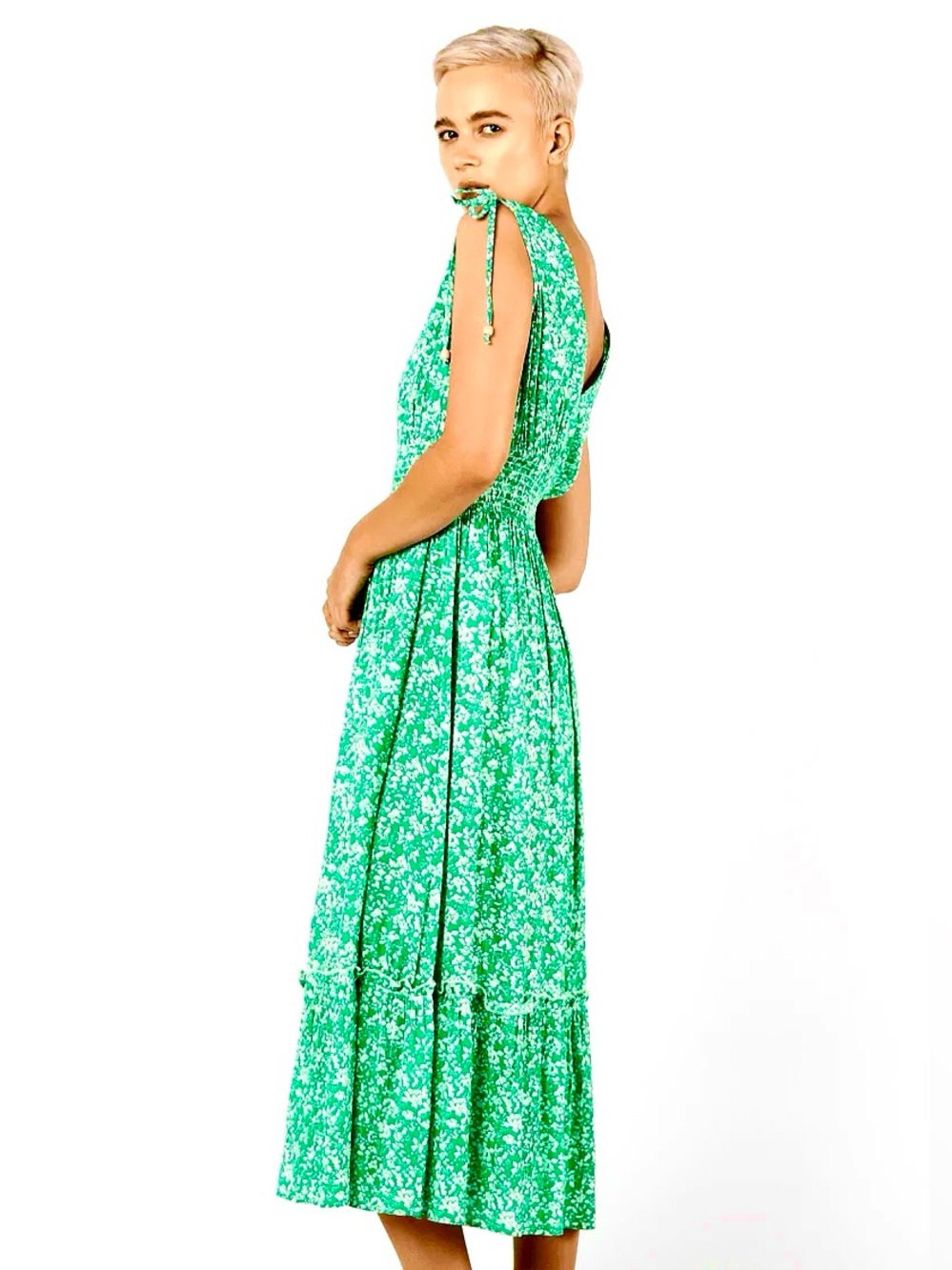 Dex Green Floral Maxi Dress with Tie Shoulders